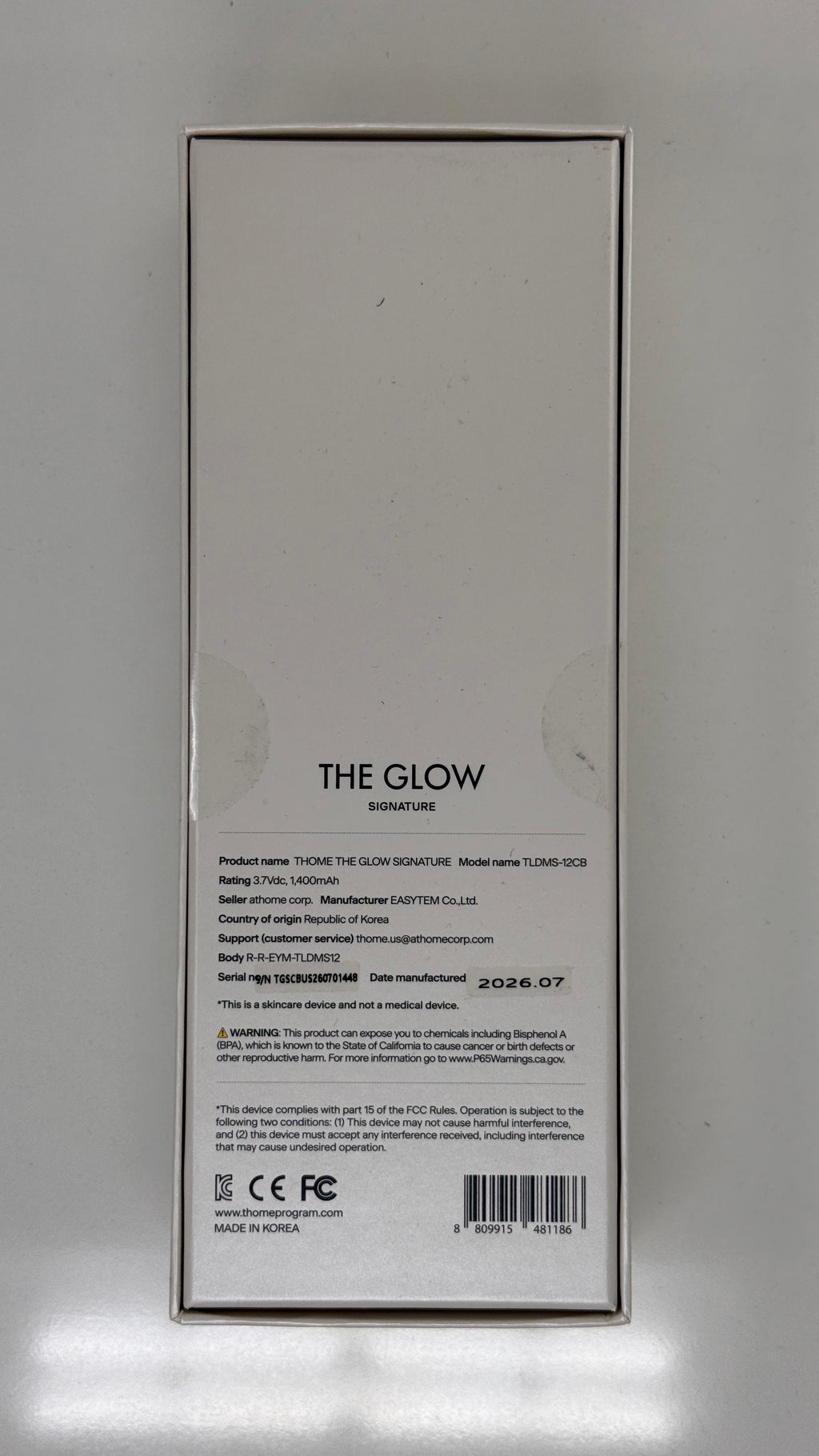 THOME original box specifications and barcode 8809915481186