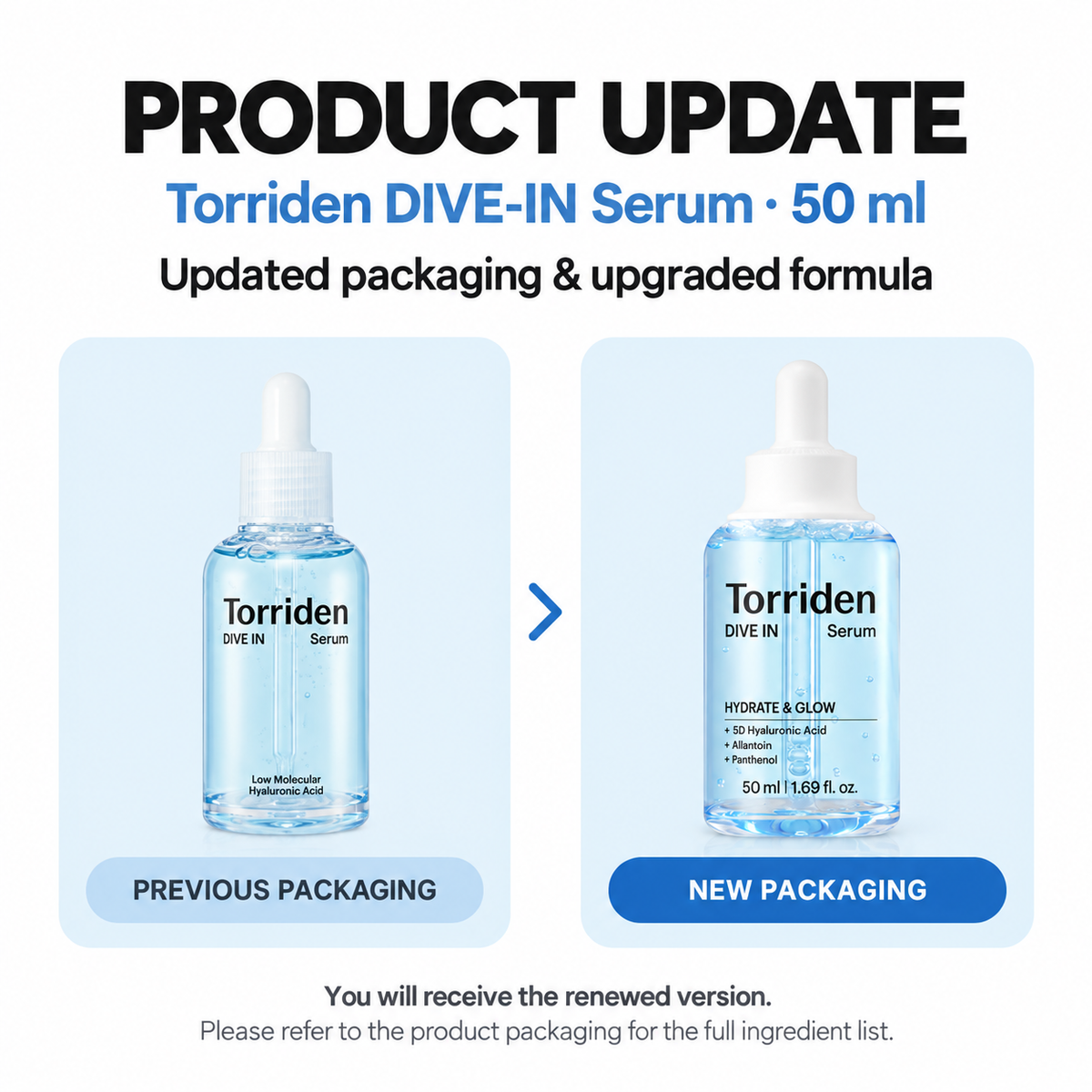 Torriden DIVE-IN Serum 50ml — packaging and formula renewal notice