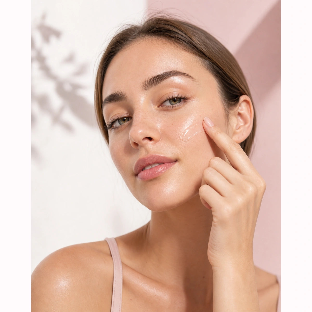 A woman applying a small amount of gel cream to her cheek.