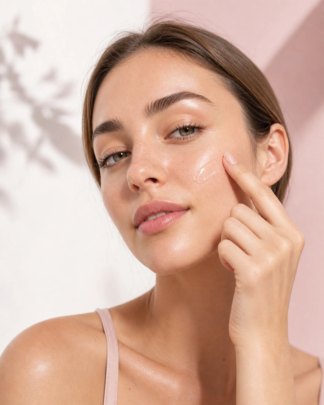 A woman applying a small amount of gel cream to her cheek.
